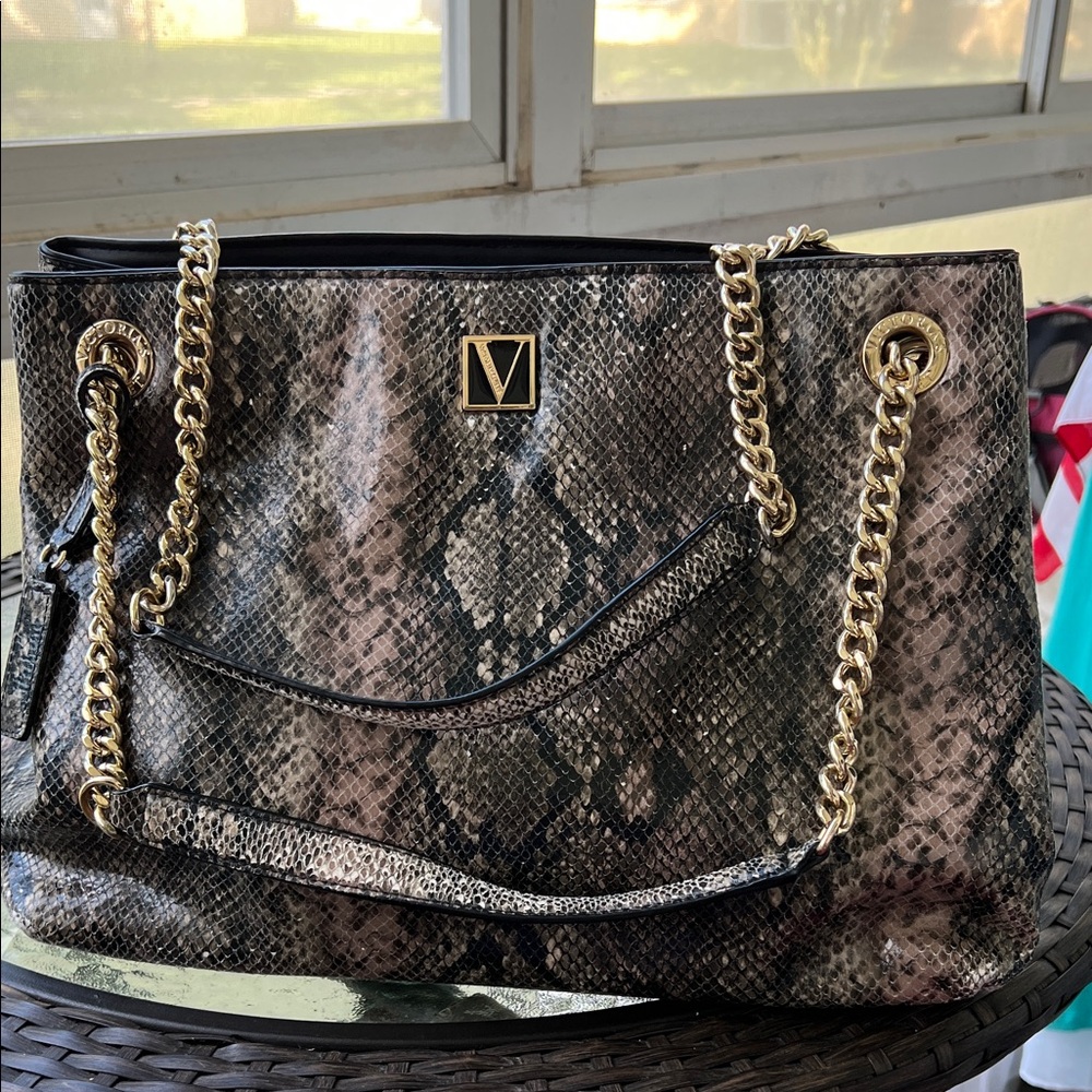 Victoria’s Secret Snake Print Shoulder Bag with Gold Chain Accents